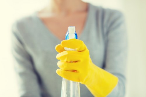 Trained cleaning staff using PPE during a domestic cleaning task